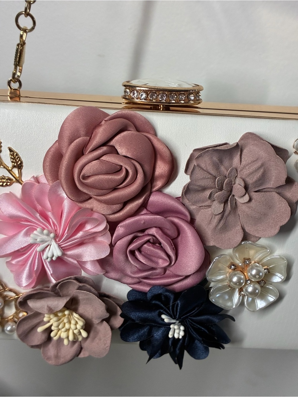 White Floral Applique Evening Clutch with Mixed Flower Accents - Picture 4 of 8